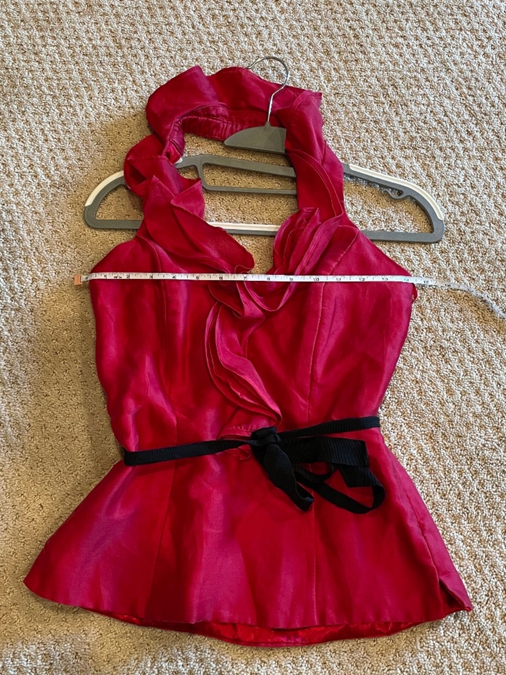White House Black Market Red 100% Silk Ruffle Halter Top Blouse Belted Size 0